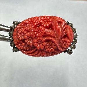 Vintage Sterling Silver Red Coral Molded Celluloid Marcasite Brooch Pin